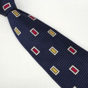 Paul Fredrick Geometric Silk Necktie Mens Navy Blue Red Yellow Ribbed